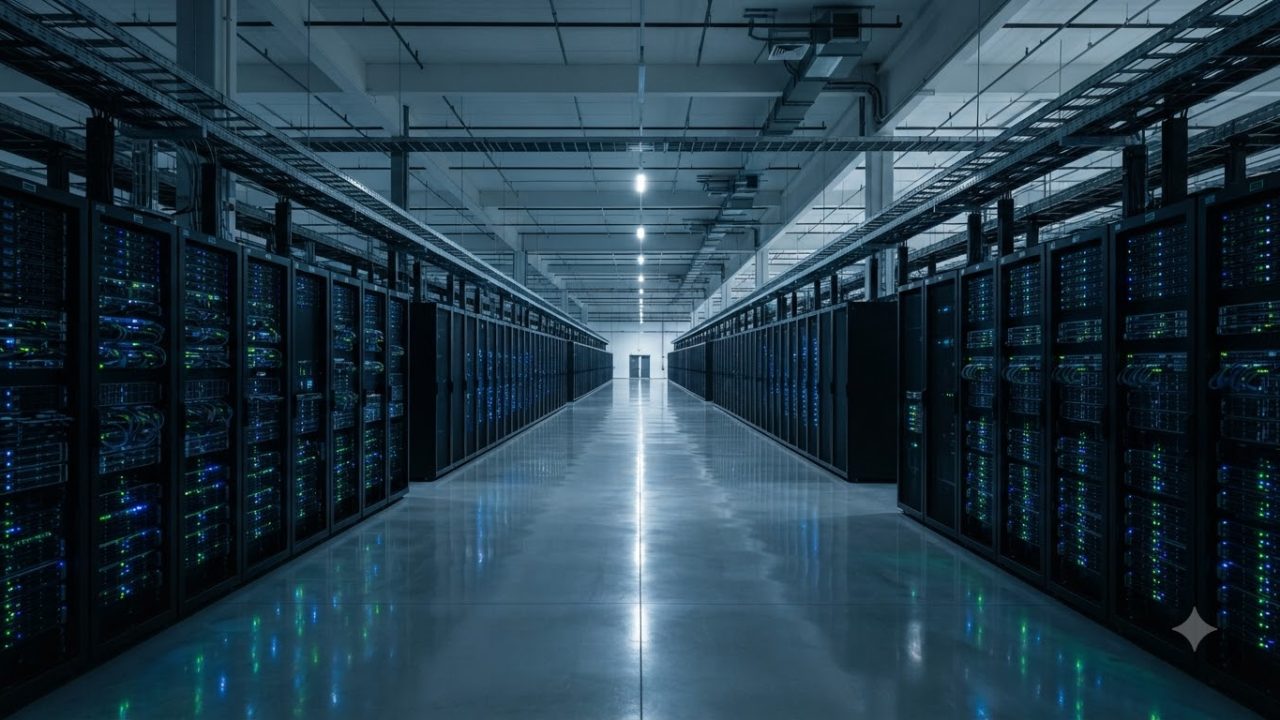Wide angle cinematic shot of a massive modern data center, long rows of server racks with blinking blue and green LEDs, cold industrial lighting, ster