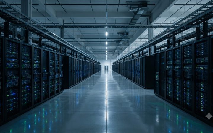 Wide angle cinematic shot of a massive modern data center, long rows of server racks with blinking blue and green LEDs, cold industrial lighting, ster