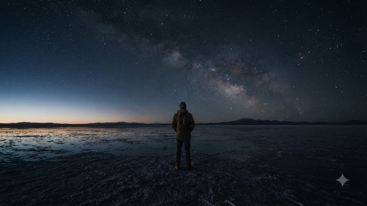 Cinematic wide shot of a person standing alone on a vast, dark desert salt flat at twilight, looking up at a starry night sky