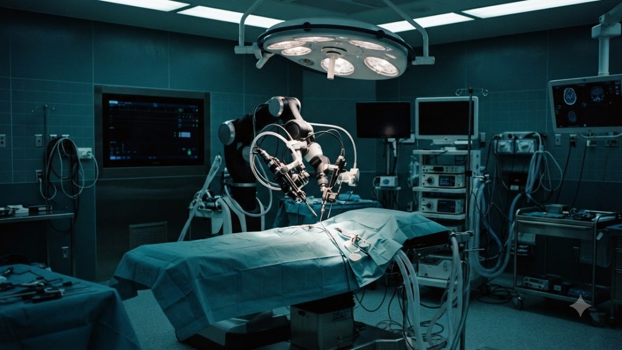 Cinematic documentary shot of a sterile, dimly lit modern neurosurgical theater, high-end medical equipment, focused ambient lighting, sterile blue-gr