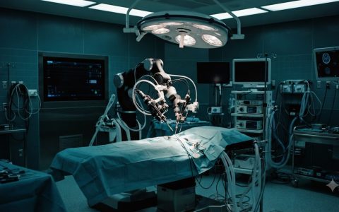Cinematic documentary shot of a sterile, dimly lit modern neurosurgical theater, high-end medical equipment, focused ambient lighting, sterile blue-gr