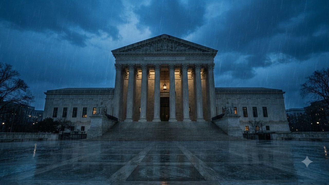 Cinematic wide shot, heavy rain falling on the exterior of a massive, imposing limestone courthouse in Washington D