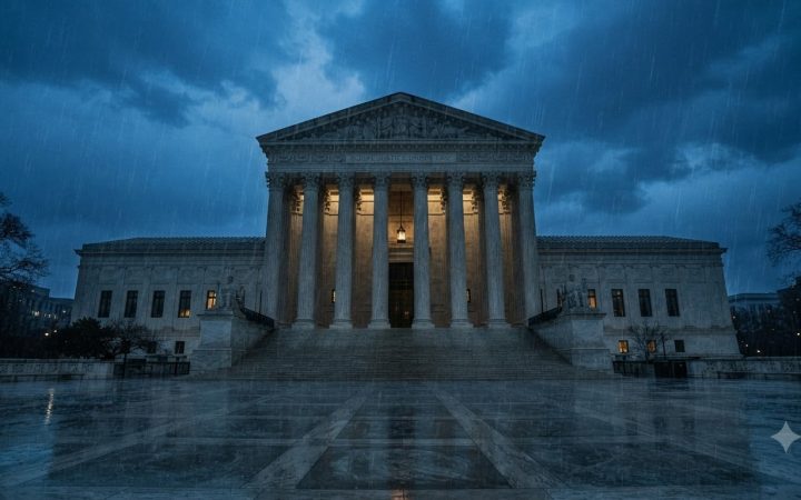 Cinematic wide shot, heavy rain falling on the exterior of a massive, imposing limestone courthouse in Washington D