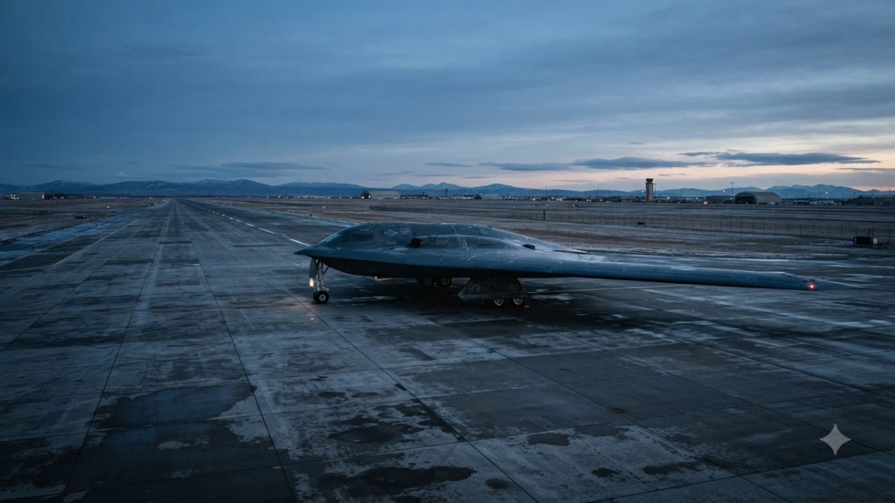Cinematic wide shot of a US Air Force strategic bomber on a runway at dawn, vast horizon, cold blue tones, highly detailed metallic surface, realistic