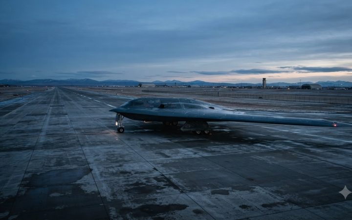 Cinematic wide shot of a US Air Force strategic bomber on a runway at dawn, vast horizon, cold blue tones, highly detailed metallic surface, realistic