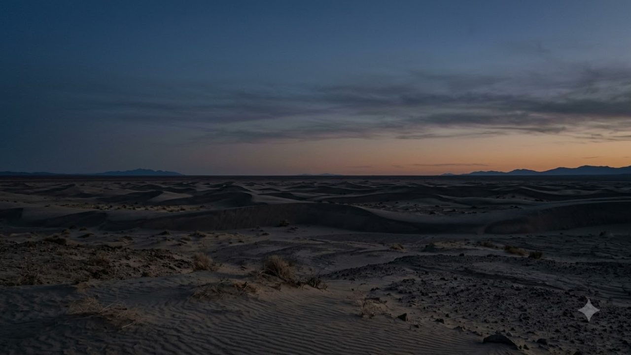 Cinematic wide shot of a vast, desolate desert landscape under a twilight sky, deep silence, emptiness, desaturated colors, natural lighting, high res