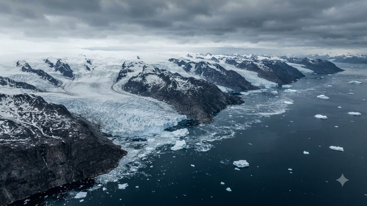 Cinematic aerial wide shot of the desolate, jagged coastline of Northwest Greenland