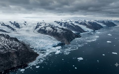 Cinematic aerial wide shot of the desolate, jagged coastline of Northwest Greenland