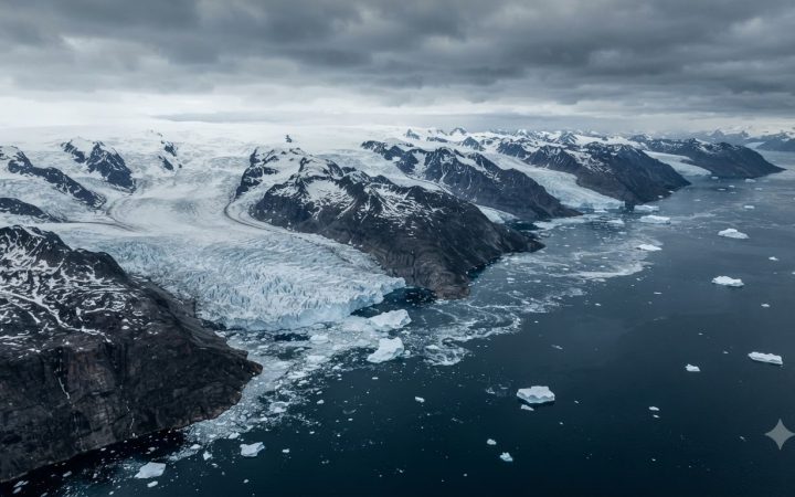 Cinematic aerial wide shot of the desolate, jagged coastline of Northwest Greenland