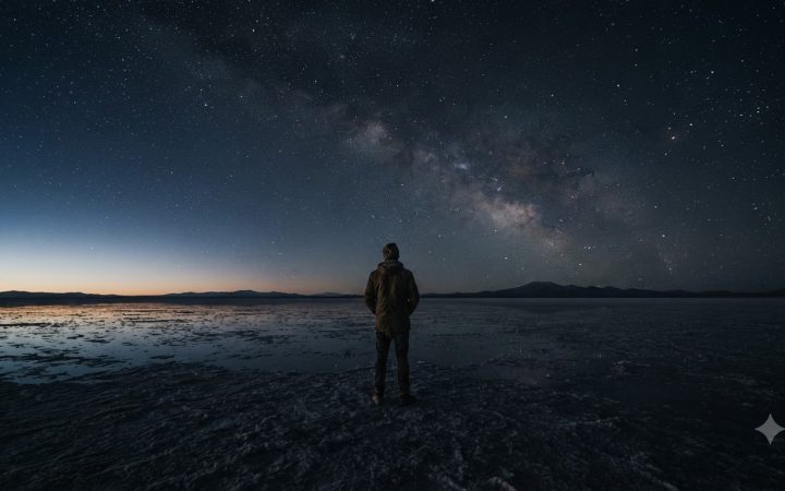 Cinematic wide shot of a person standing alone on a vast, dark desert salt flat at twilight, looking up at a starry night sky