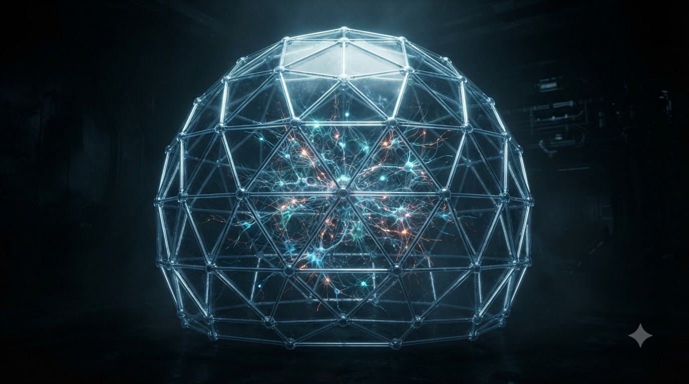 Abstract digital representation of a glowing transparent geodesic dome surrounding a complex floating neural network structure, dark background, cinem