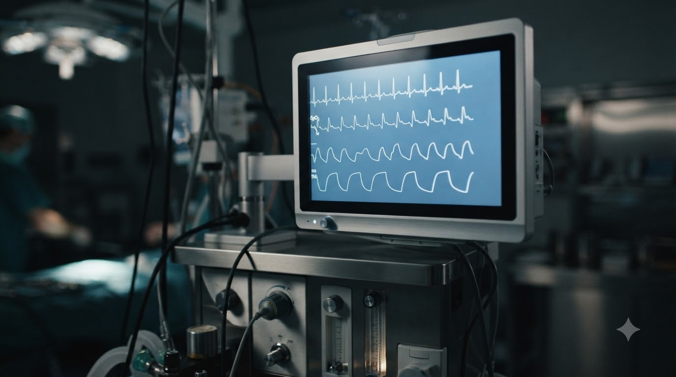 Close-up of a high-tech surgical monitor and anesthesia machine showing rhythmic pulse waves, soft blue glow, clean metallic finish, shallow depth of