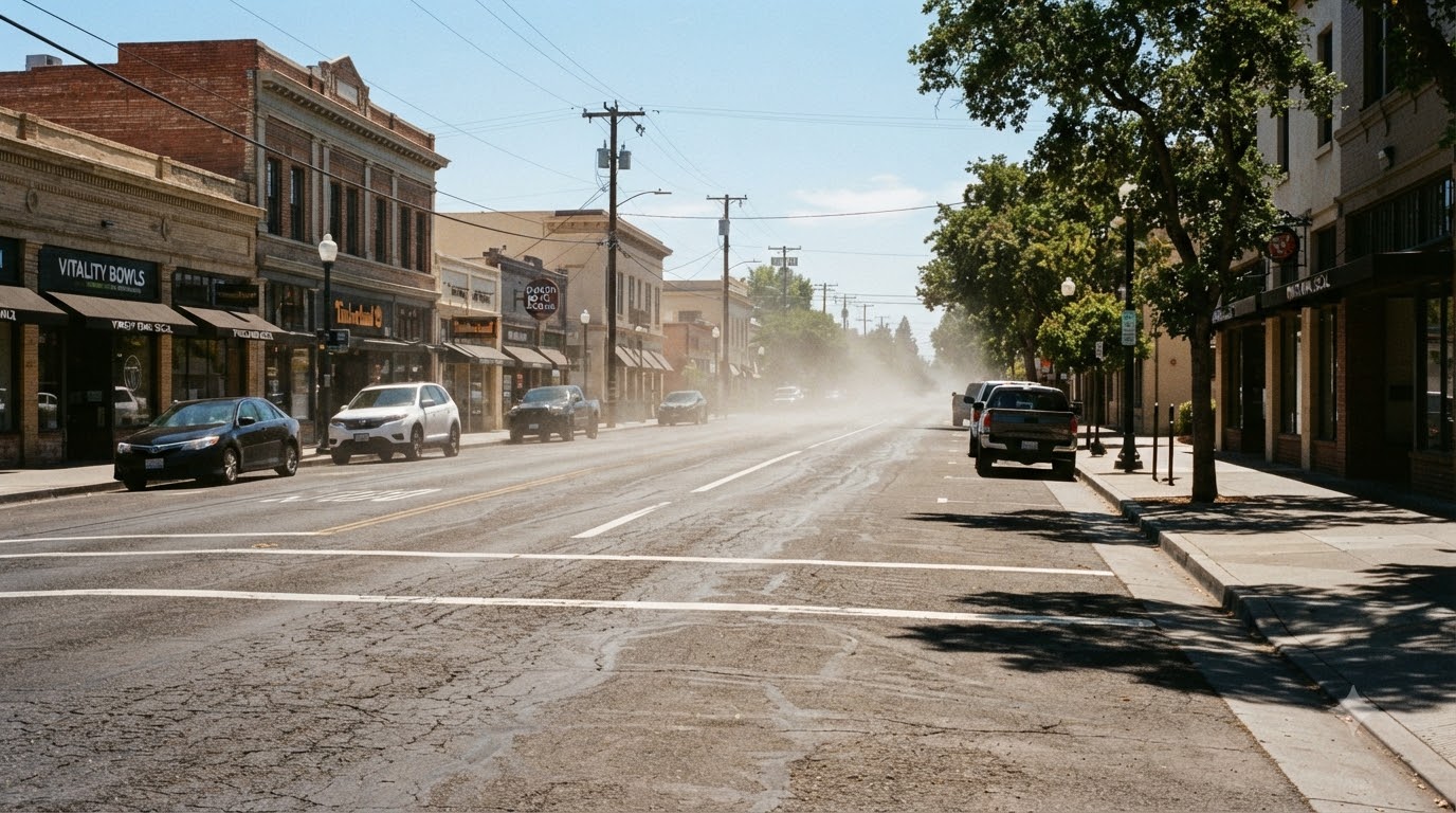 Heat haze shimmering over a busy downtown Palo Alto street, sun-drenched pavement, extreme summer sunlight, high-contrast , realistic urban textures,