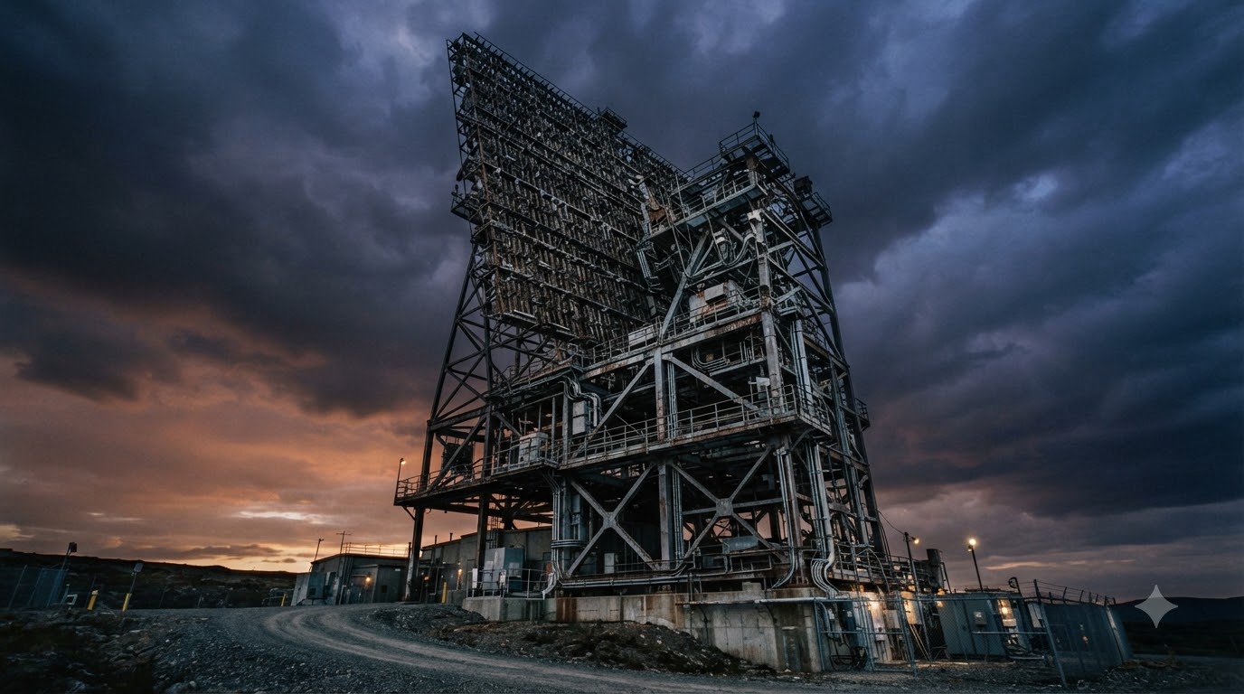 Low angle shot of a massive phased-array radar installation against a twilight sky, weathered steel structure, technical engineering detail, moody and