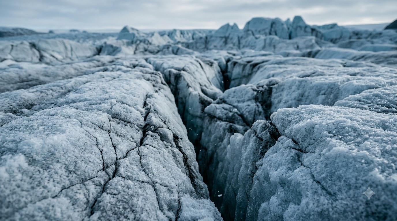 Close-up of ancient, cracked Arctic glacial ice surface with deep, jagged fissures
