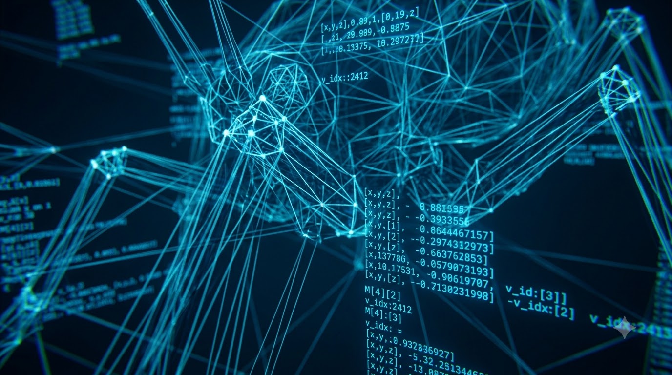 Macro shot of a complex wireframe digital character model in a dark development workspace