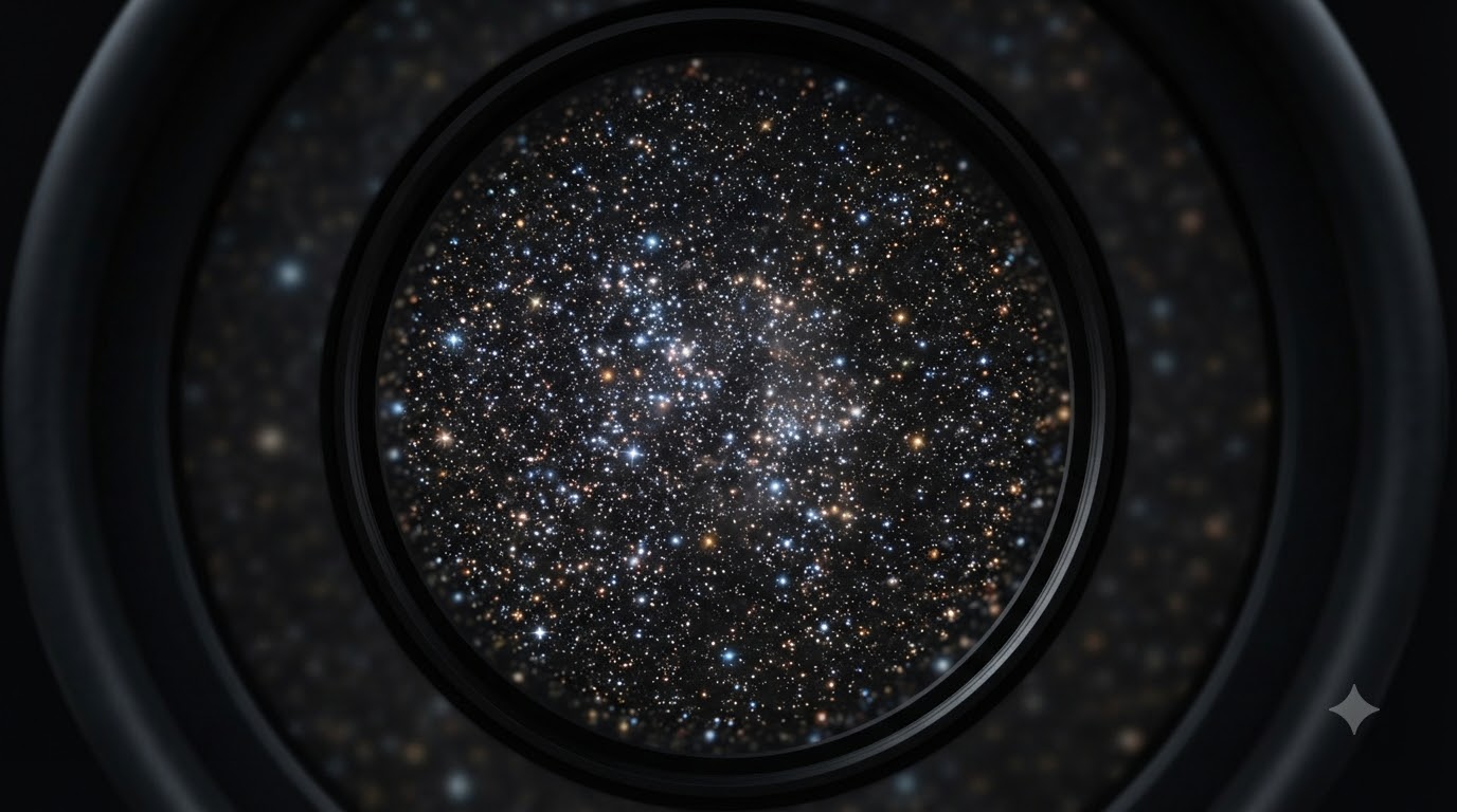 Close-up through a high-end telescope eyepiece, looking at a glittering, dense star field in deep space