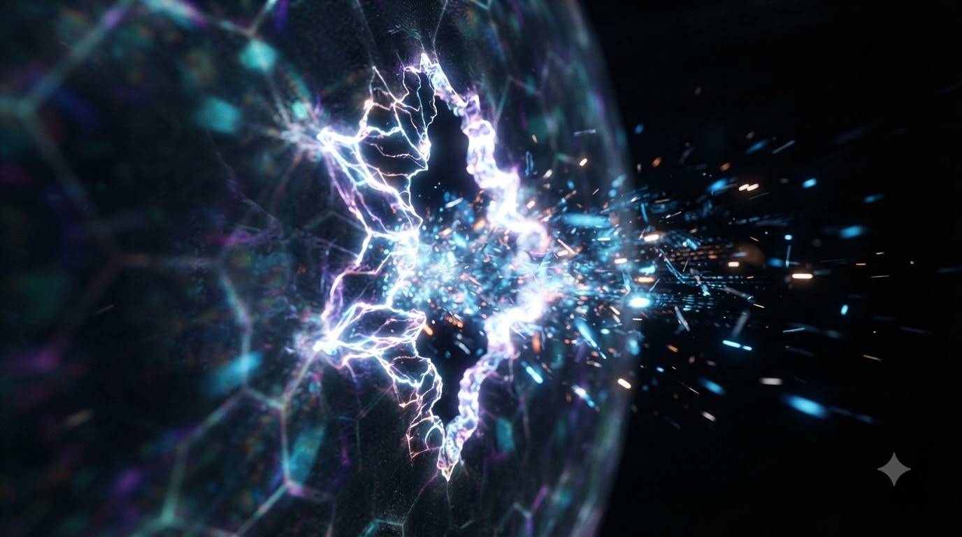 Close-up on a jagged, glowing digital fracture appearing on a shimmering containment field wall, particles leaking out into the darkness, sharp focus 
