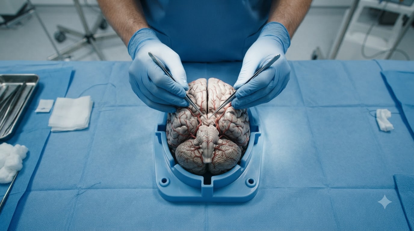 Top-down view of a neurosurgeon's gloved hands holding delicate silver instruments, focused on a highly realistic anatomical model of a brain, bright