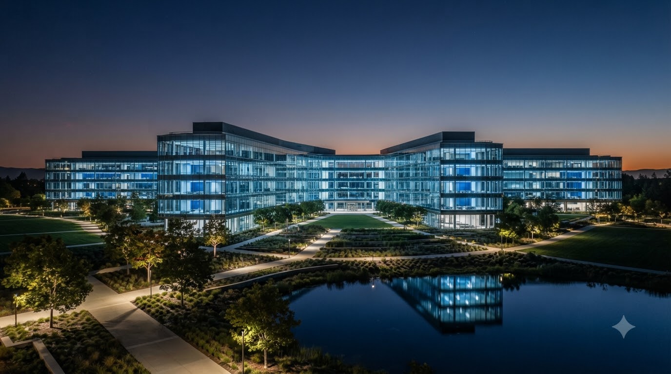 Wide angle view of a sleek, modern glass-and-steel Silicon Valley corporate headquarters exterior at twilight, glowing blue interior lights, expansive