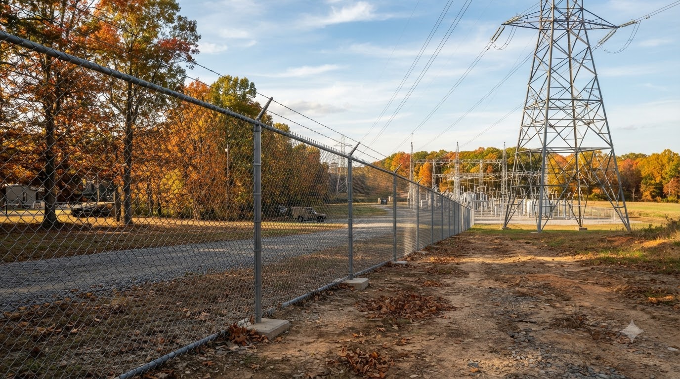 Ground-level shot of a perimeter fence at a US military base with high-voltage power lines stretching toward a civilian substation in the background, 