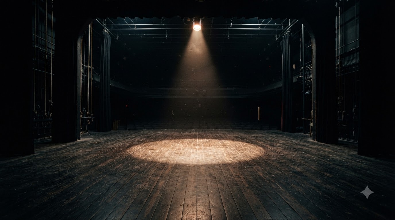 Empty, dimly lit theatrical stage made of worn wood, center focus, single spotlight from above casting long shadows, dusty atmosphere, cinematic wide 