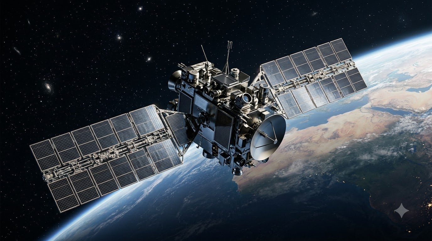 A sleek, high-tech satellite orbiting against the backdrop of Earth's curvature in the dark of space