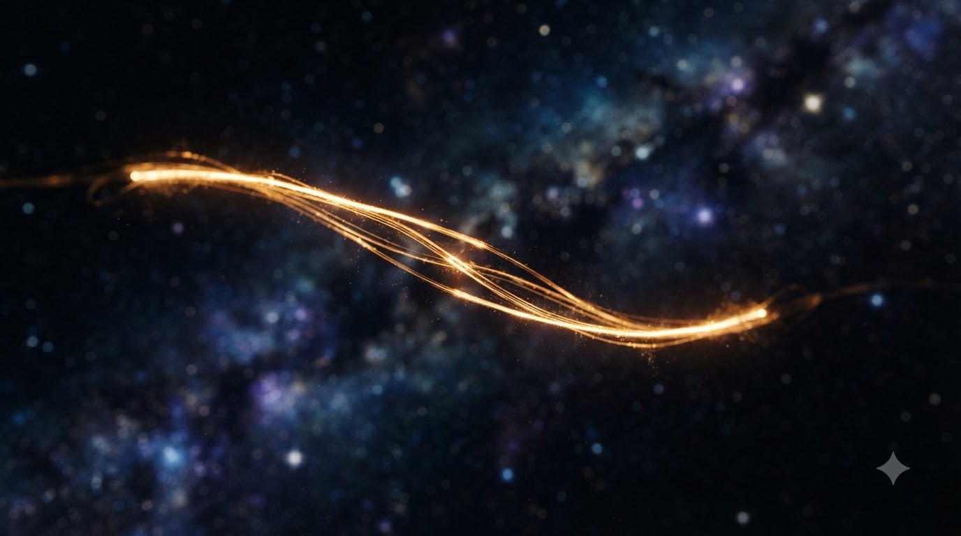 Macro shot of a single, glowing golden filament within a dark, nebulous space environment