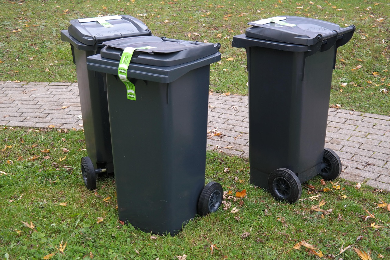 Different sizes of municipal garbage bins lined up curbside.