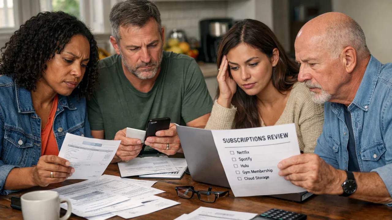 People reviewing financial statements and digital devices to audit subscription services at home.