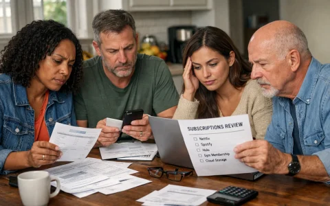 People reviewing financial statements and digital devices to audit subscription services at home.