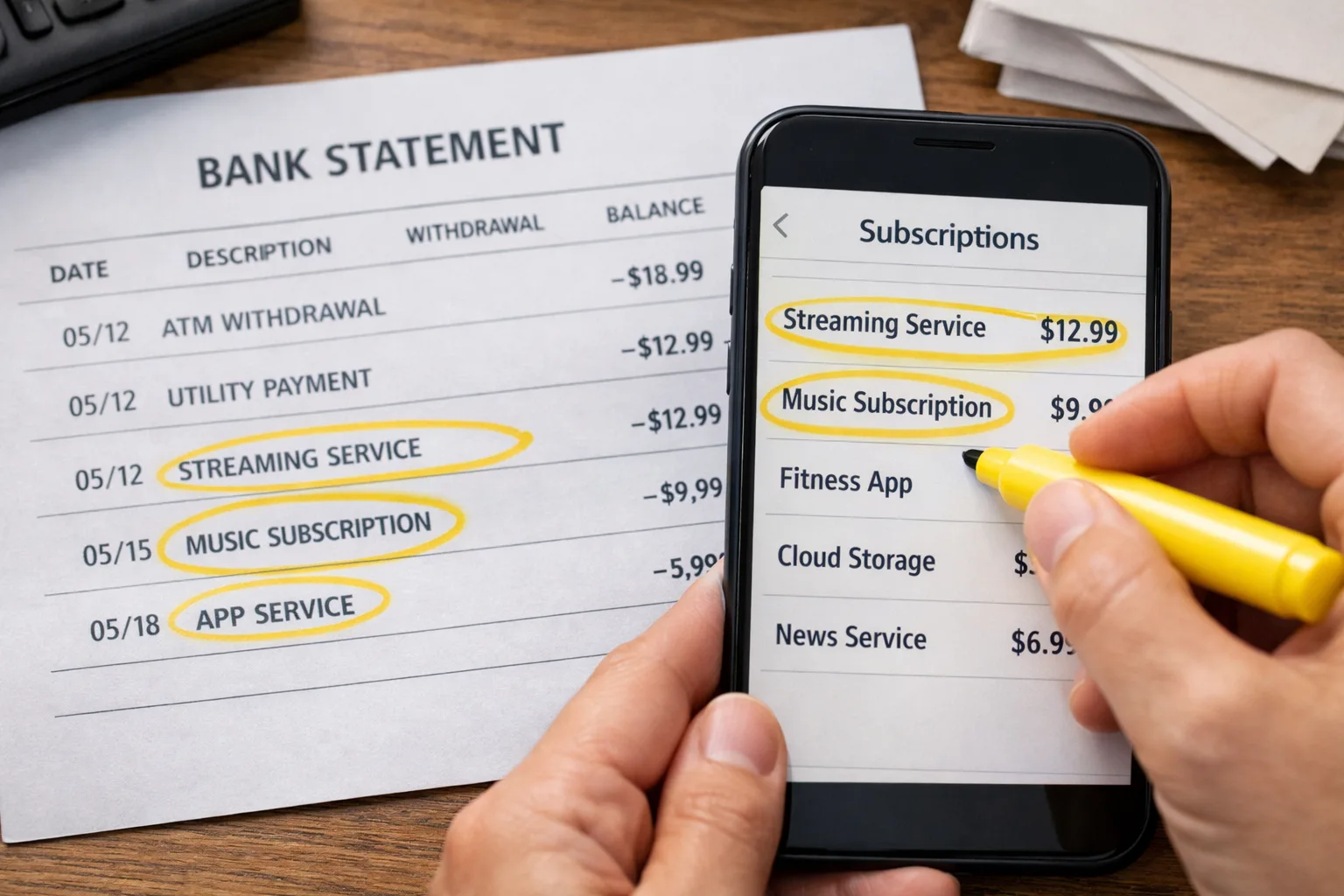 Close-up of a bank statement and smartphone showing recurring subscription charges being reviewed.