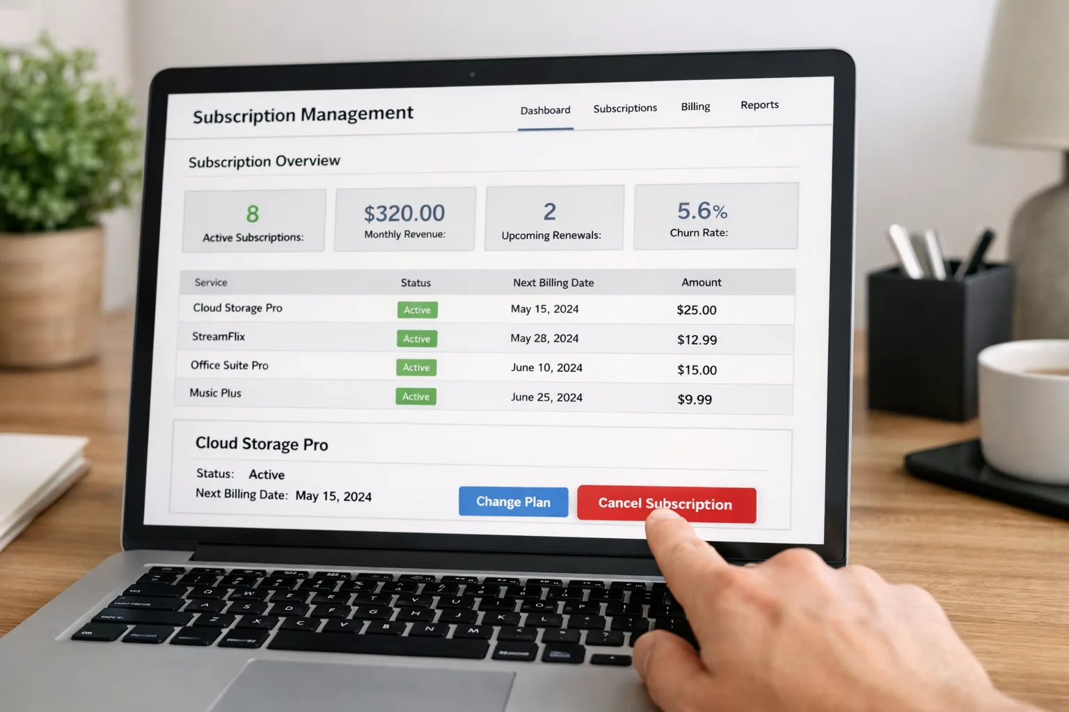 Laptop screen displaying a subscription management dashboard with a cancel button being clicked.