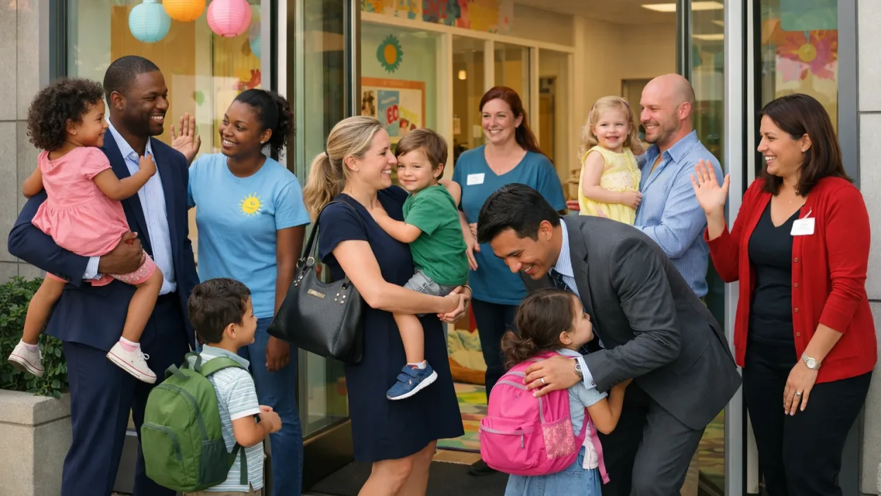 Working parents picking up children from a modern US daycare center.