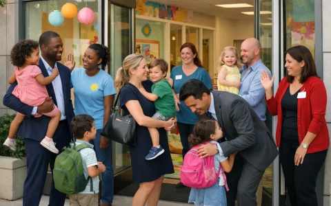 Working parents picking up children from a modern US daycare center.