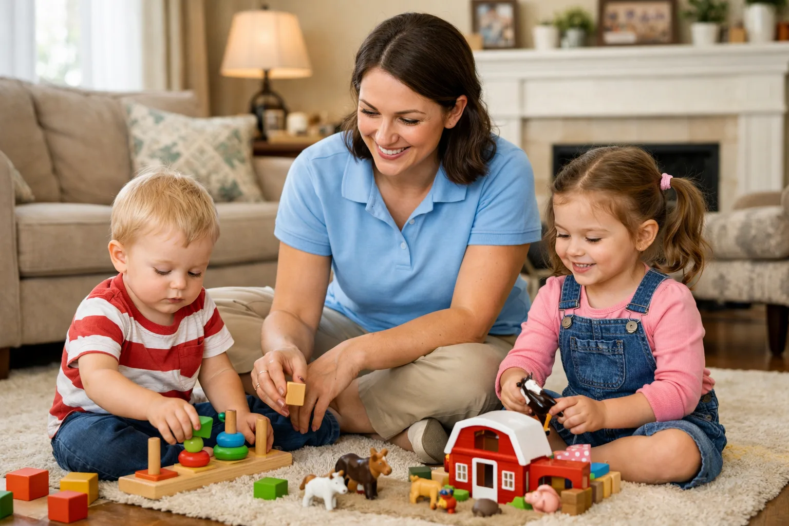 Nanny engaging with children in a family’s living room.