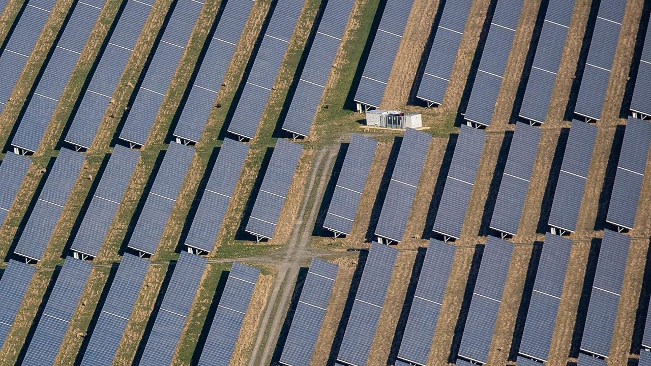 Rows of solar panels at a rural community solar farm installation under a bright morning sky.