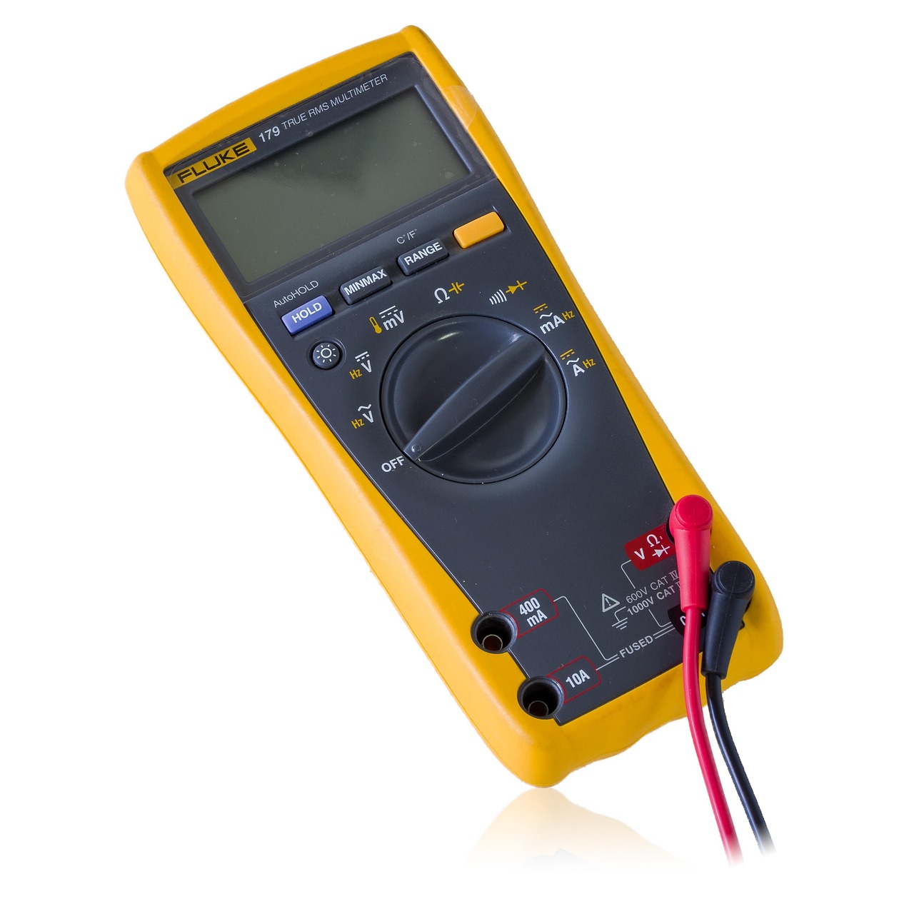 An electrician using a digital multimeter to inspect breaker connections in an electrical sub-panel.