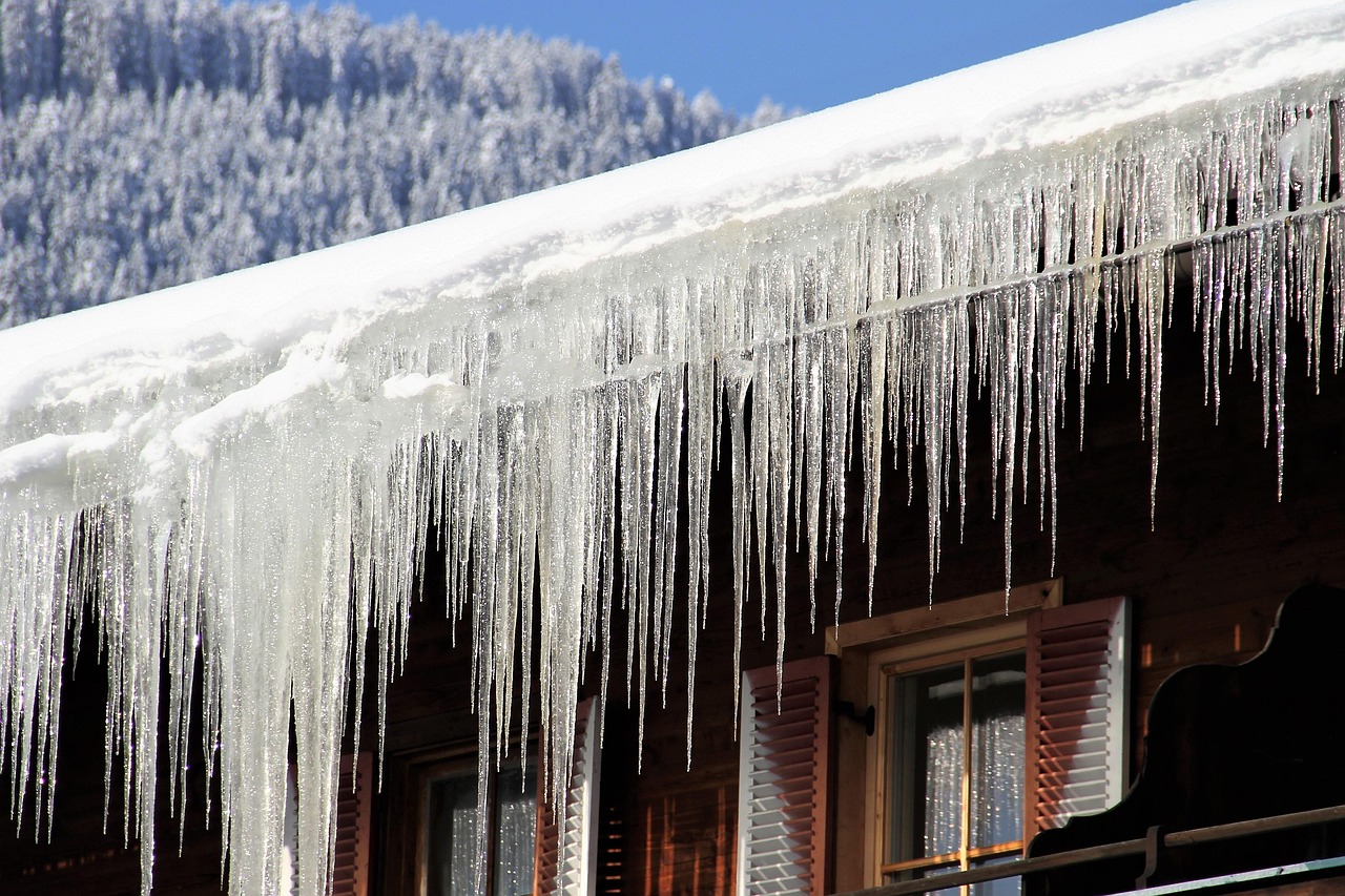 Heavy icicles and ice dams forming along the edge of a shingled roof.