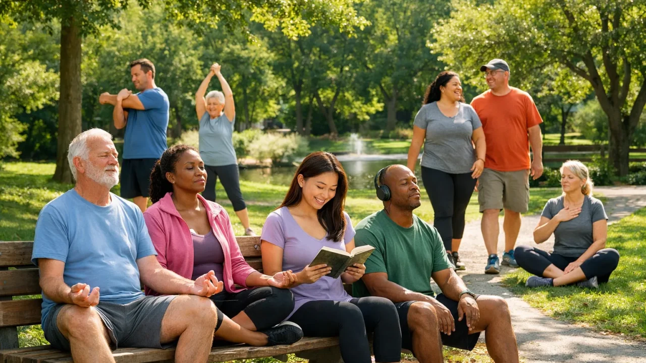 US adults practicing stress relief activities in a peaceful park.