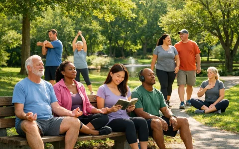 US adults practicing stress relief activities in a peaceful park.