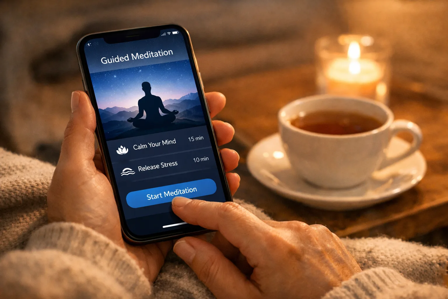 Person using a meditation app at home for stress management.