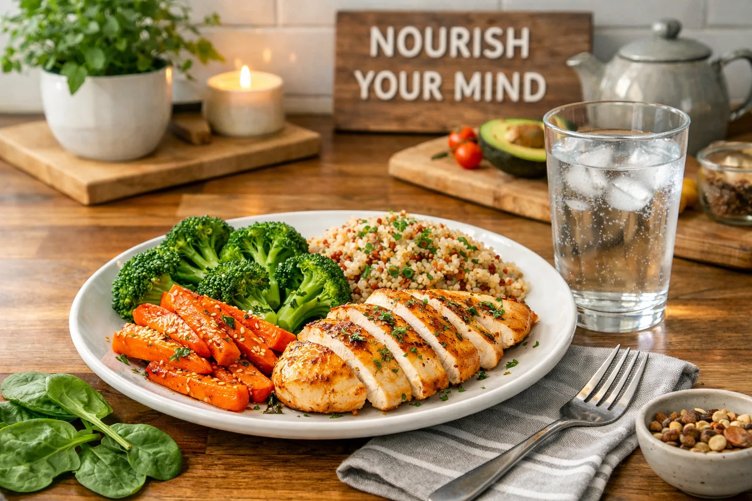 Balanced meal and water on a kitchen table for supporting mental health.