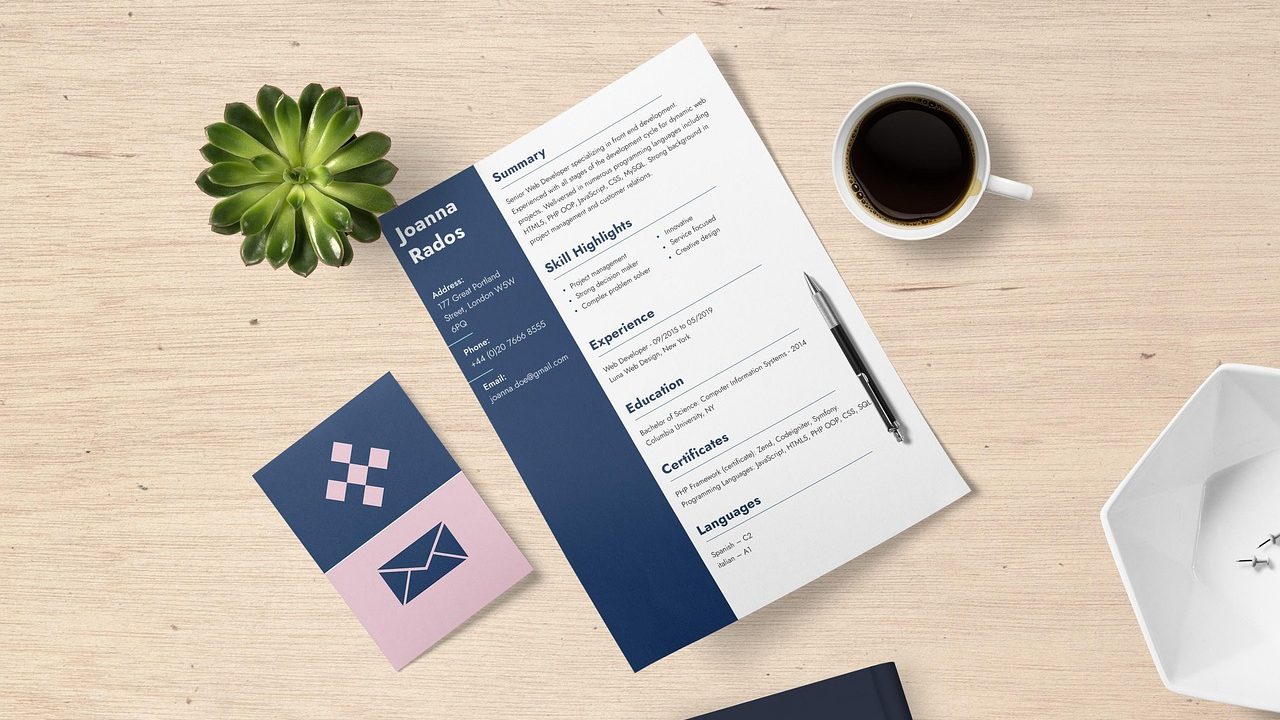 Professional reviewing a resume and career portfolio at a modern office desk.