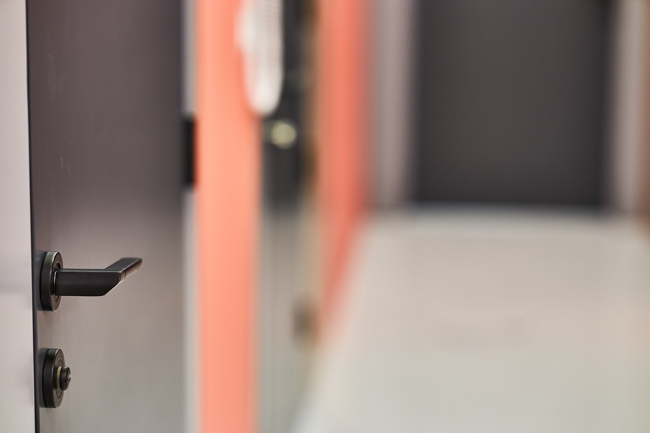 Multiple litter boxes distributed along a quiet home corridor with clear lines of sight.