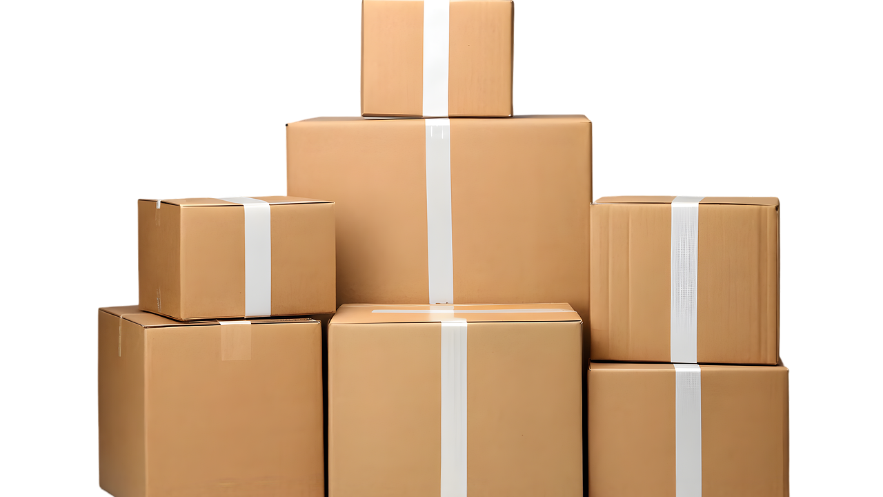 Cardboard shipping boxes stacked high in a modern warehouse setting.