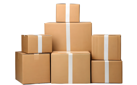 Cardboard shipping boxes stacked high in a modern warehouse setting.