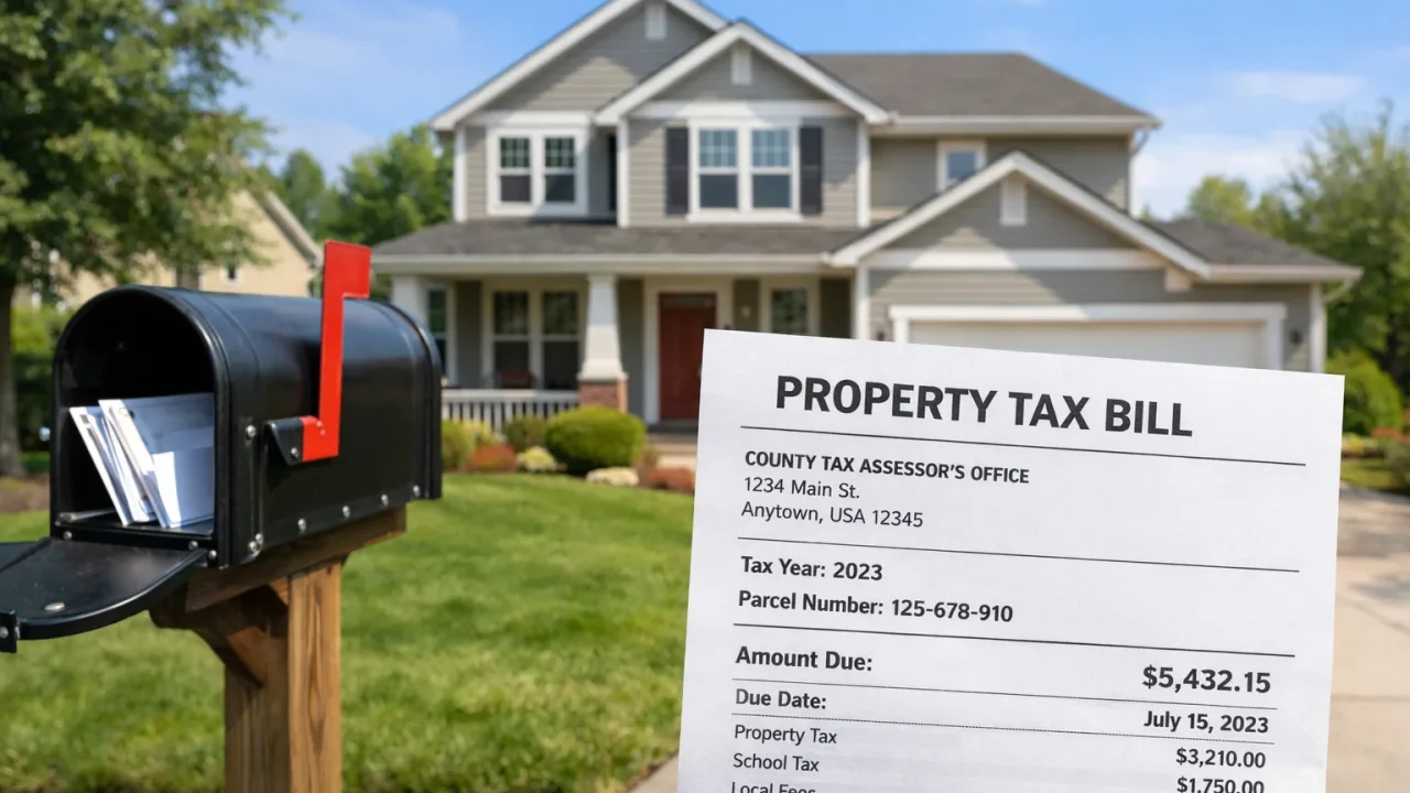 A suburban US home with a property tax bill in the foreground.