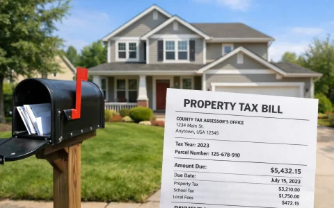 A suburban US home with a property tax bill in the foreground.
