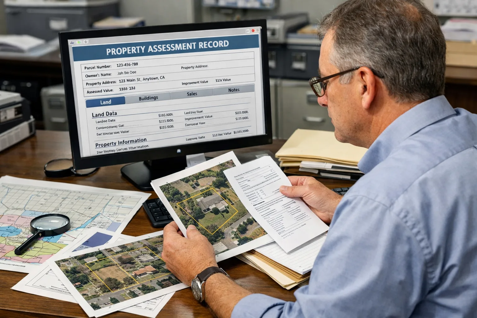 A county assessor examines property records and assessment documents.